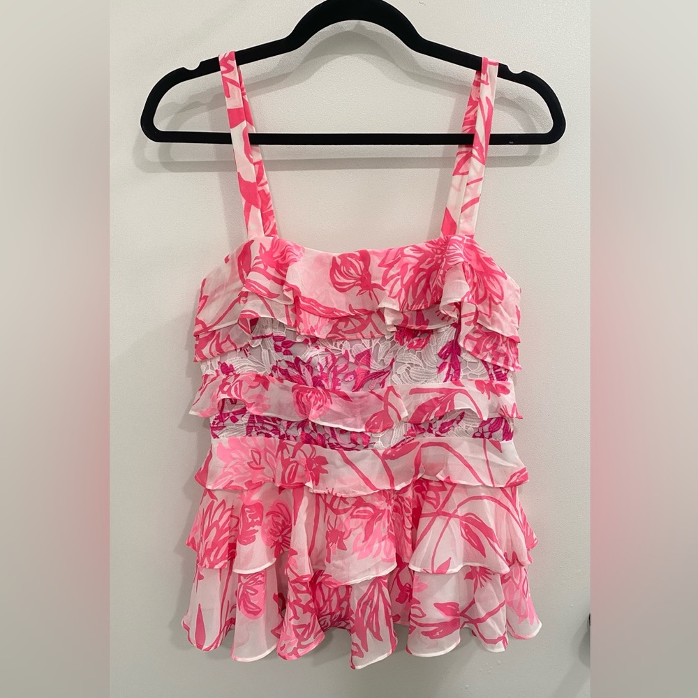 Lilly Pulitzer Olive Ruffle Top Pink Floral Print